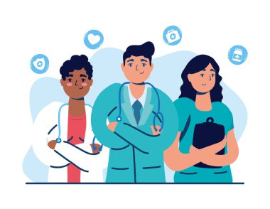 Tıbbi simgeleri olan bir grup doktor.