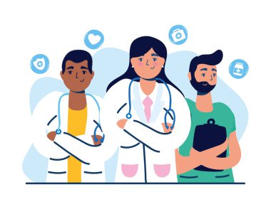 Tıbbi simgeleri olan bir grup doktor.