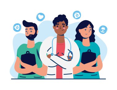 Tıbbi simgeleri olan bir grup doktor.