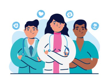 Tıbbi simgeleri olan bir grup doktor.