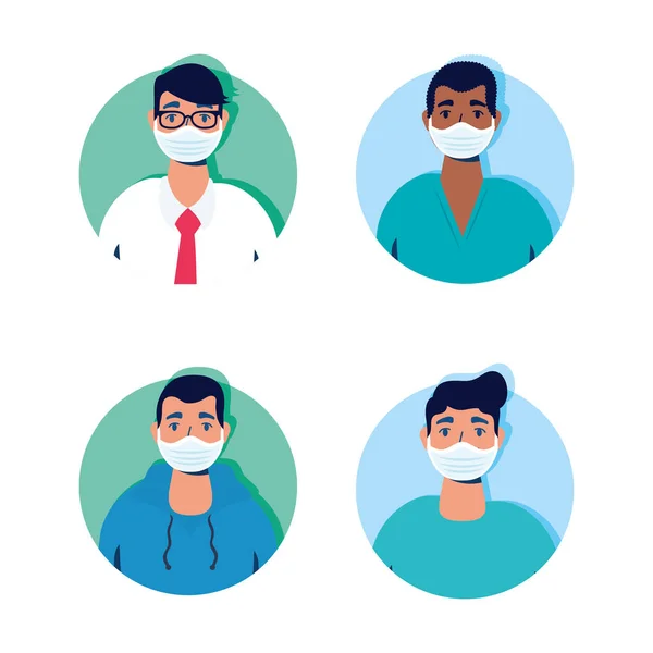 Group of men using face masks characters — Stock Vector