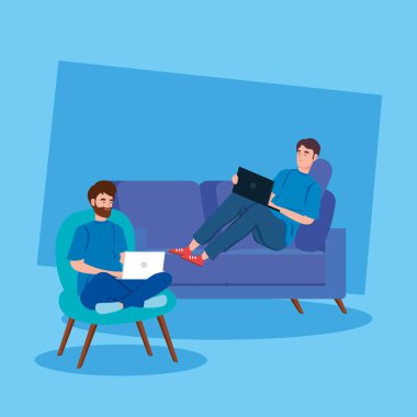 Evden işe giden avatar karakterlerinde çalışan adamlar