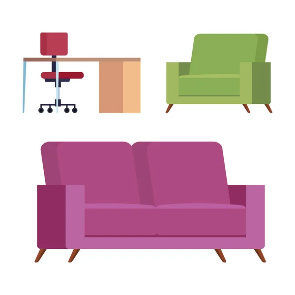 Набор диванов с письменным столом и стулом — стоковый вектор