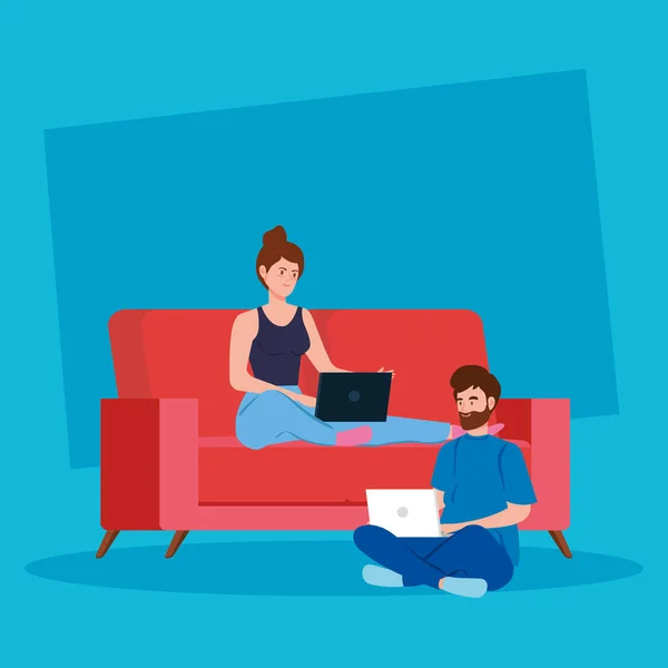 Couple working in telecommuting sitting in couch — Stock Vector