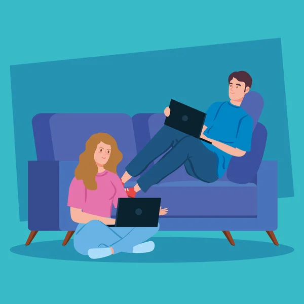 Couple working in telecommuting sitting in couch — Stock Vector