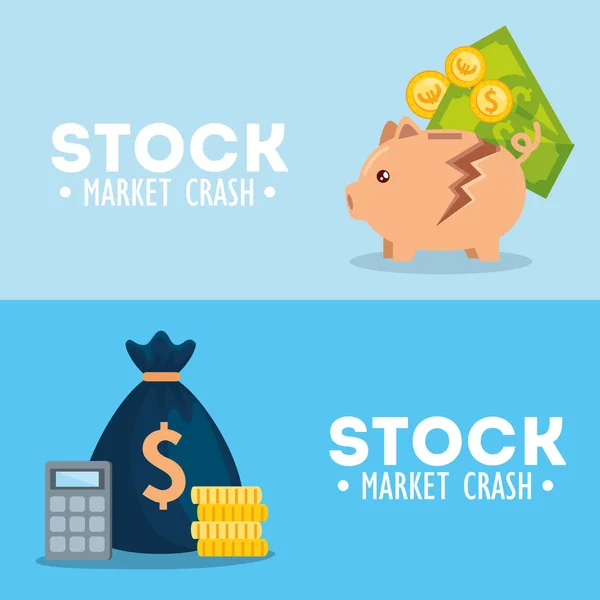 Conjunto de póster de caída del mercado de valores con iconos — Vector de stock