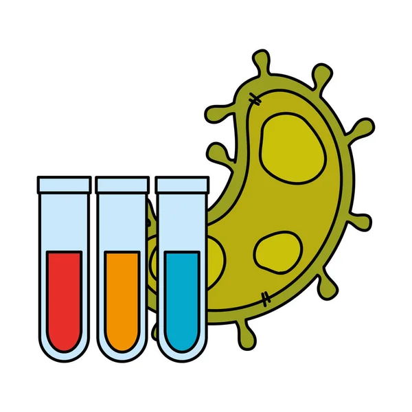 Partícula covid 19 con tubos de ensayo — Vector de stock