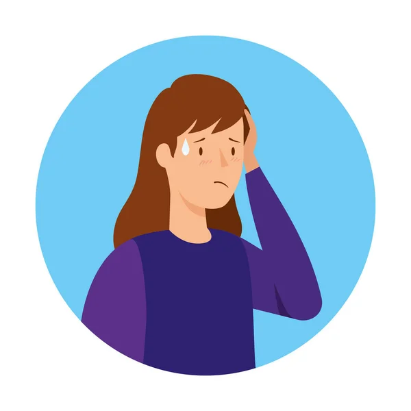 Mujer con fiebre en marco icono circular aislado — Vector de stock