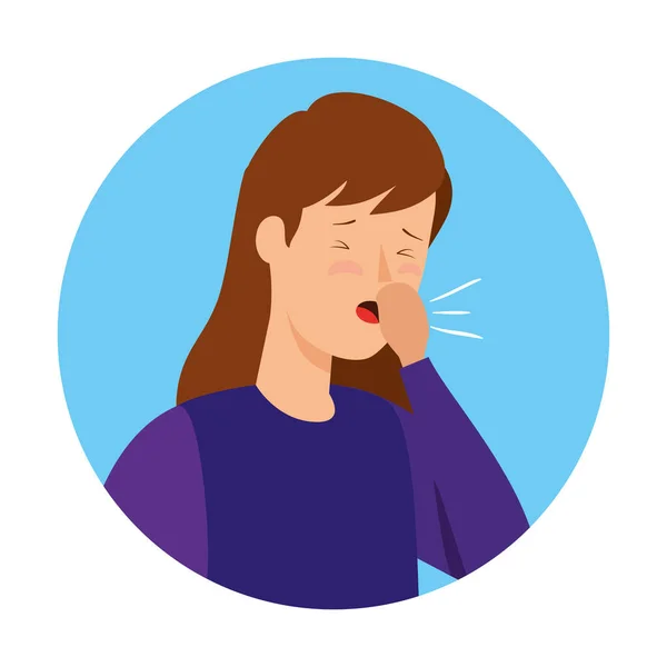 在圆形孤立图标框中咳嗽的妇女 — 图库矢量图片