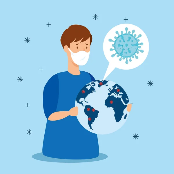Uomo stufo di coronavirus 2019 ncov con pianeta mondiale — Vettoriale Stock