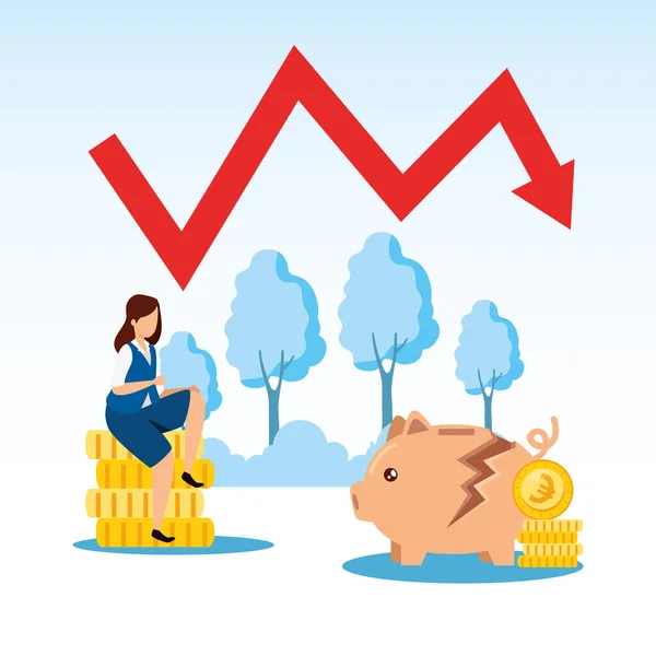 Queda do mercado de ações com mulher de negócios e ícones — Vetor de Stock