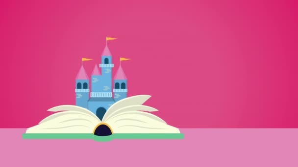 Wereld boek dag viering met kleine meisje en sprookjesachtige kasteel — Stockvideo