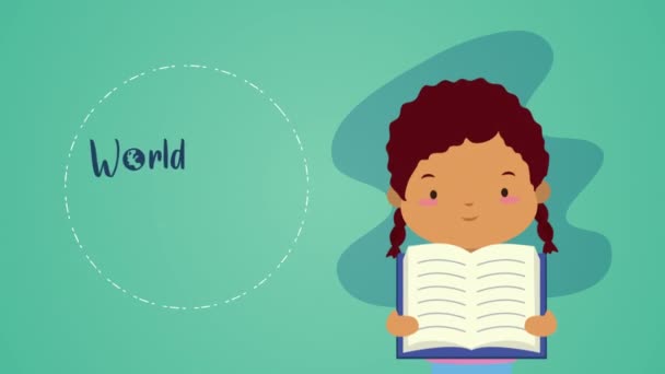 World book day celebration with afro little girl and lettering — Stock Video