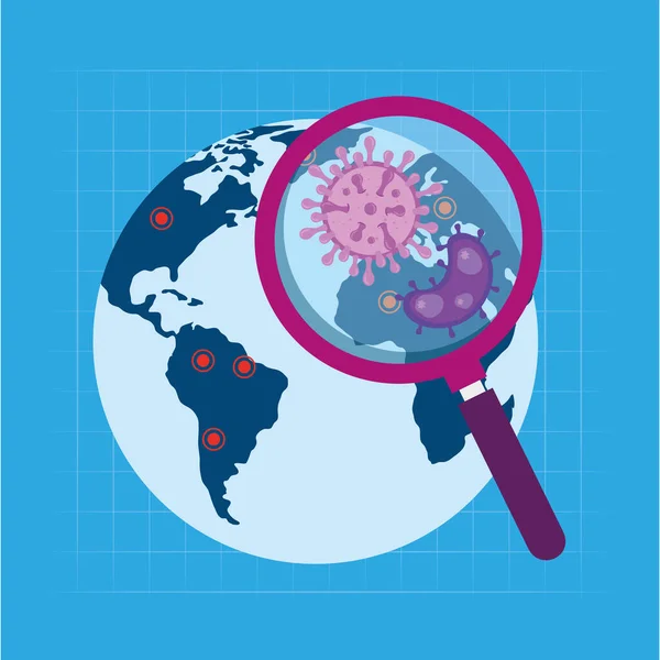 Mondo con particelle di coronavirus 2019 ncov in lente d'ingrandimento — Vettoriale Stock