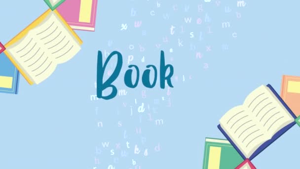Celebración del día mundial del libro con libros y letras — Vídeos de Stock