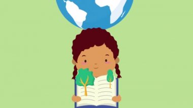 Dünya kitap günü kutlaması Afrikalı küçük kız ve orman ağaçlarıyla