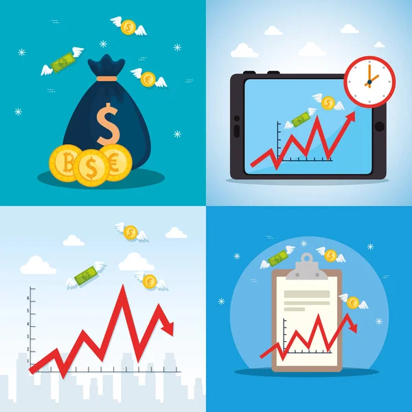 Conjunto de póster de caída del mercado de valores con iconos — Vector de stock