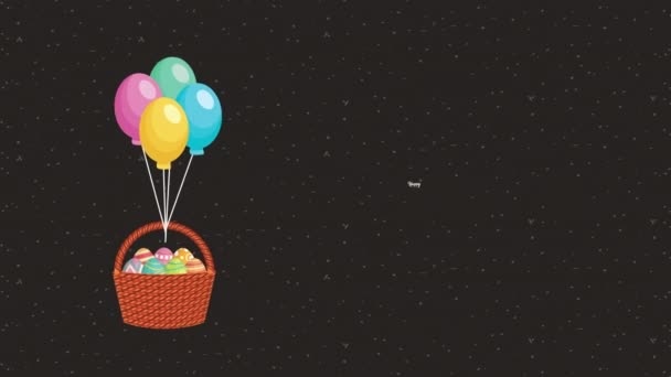 Frohe Ostern animierte Karte mit Eiern bemalt in Korb schwimmende Ballons Helium — Stockvideo