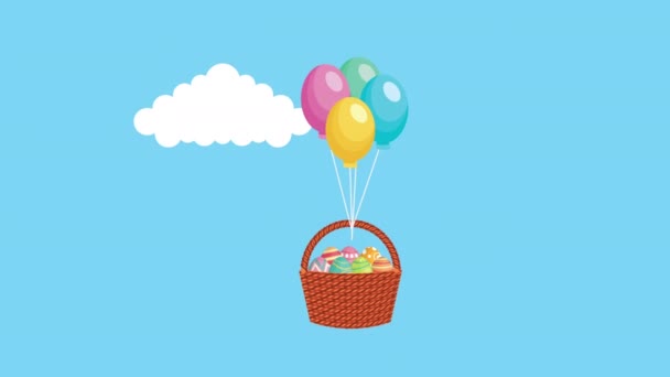 Щаслива великодня анімаційна листівка з яйцями, пофарбована в кошик з плаваючою кулею гелій — стокове відео