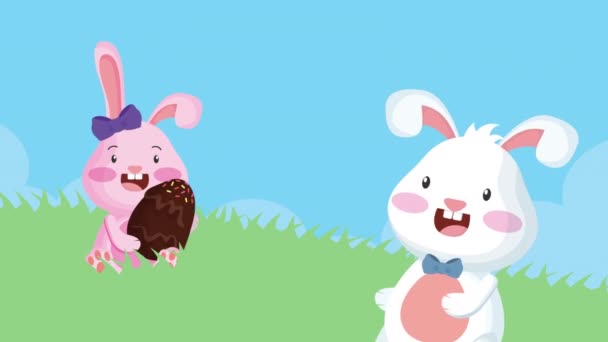 Happy easter animated card with rabbits couple in the camp Video Clip
