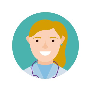 Steteskop karakter bloğu ve düz stili olan kadın doktor.