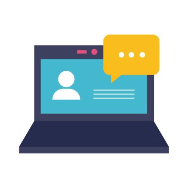 Konuşma balonu düz biçim simgesi olan dizüstü bilgisayar