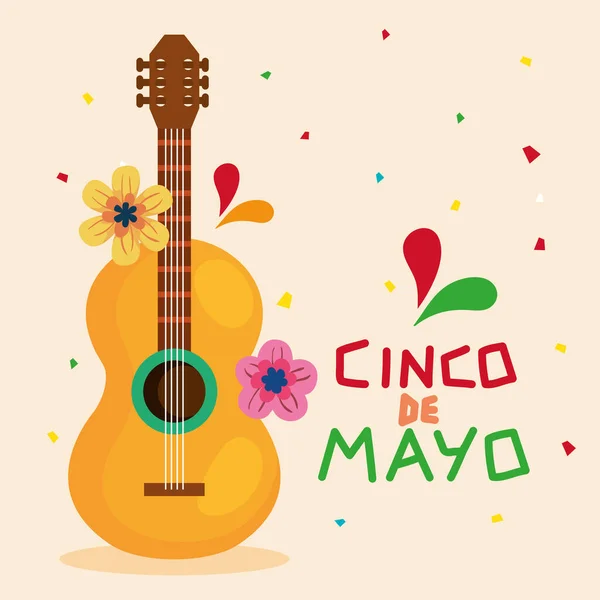 Affiche cinco de mayo avec guitare et décoration — Image vectorielle