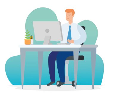 İşadamı masasında bilgisayarla evde çalışıyor.