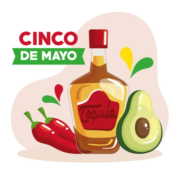 Cinco de mayo poster with bottle tequila and decoration — Stock Vector