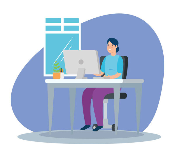 Woman working at home with computer in desk Royalty Free Stock Illustrations