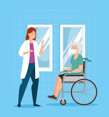 Solunum koruması olan yaşlı bir kadın ve kadın bir doktor.