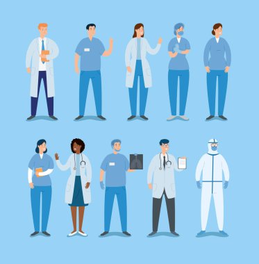bir grup doktor, sağlık görevlisi ve simge