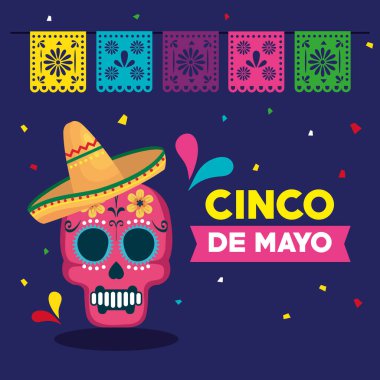 Kafatası ve dekorasyonlu cinco de mayonez posteri