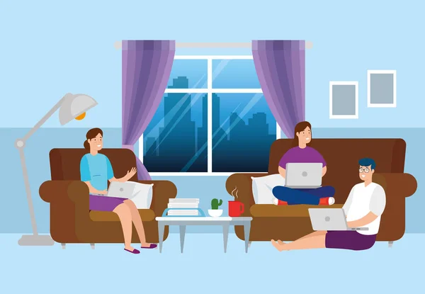 Scène personnes travaillant à la maison dans le salon — Image vectorielle