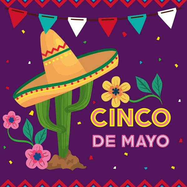 Cinco de mayo poster with cactus and decoration — Stock Vector