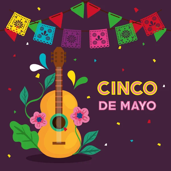 Cinco de mayo poszter gitárral és dekorációval — Stock Vector