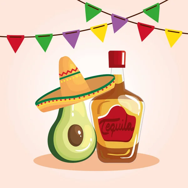 Cinco de mayo poster with bottle tequila and decoration — Stock Vector