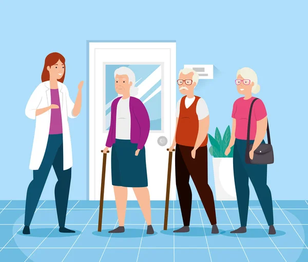 Old people talking of doctor female — Stock Vector