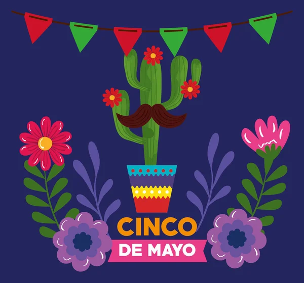 Cinco de mayo poster with cactus and flowers decoration — Stock Vector