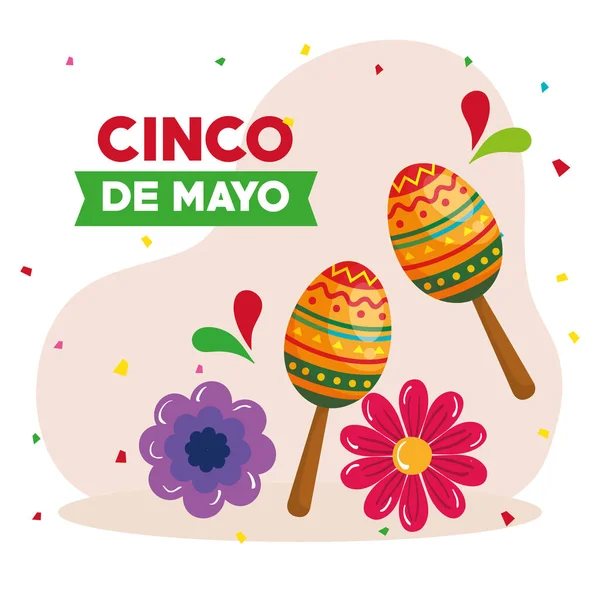 Affiche cinco de mayo avec maracas et décoration de fleurs — Image vectorielle