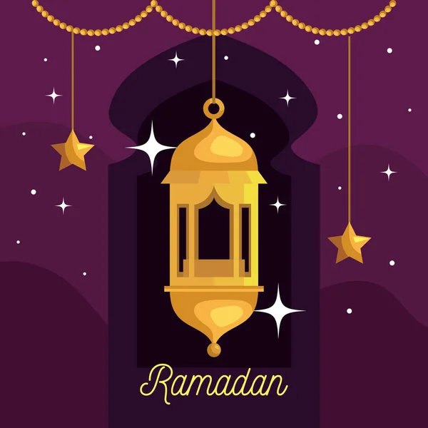 Affiche ramadan kareem avec lanterne et étoiles suspendues — Image vectorielle