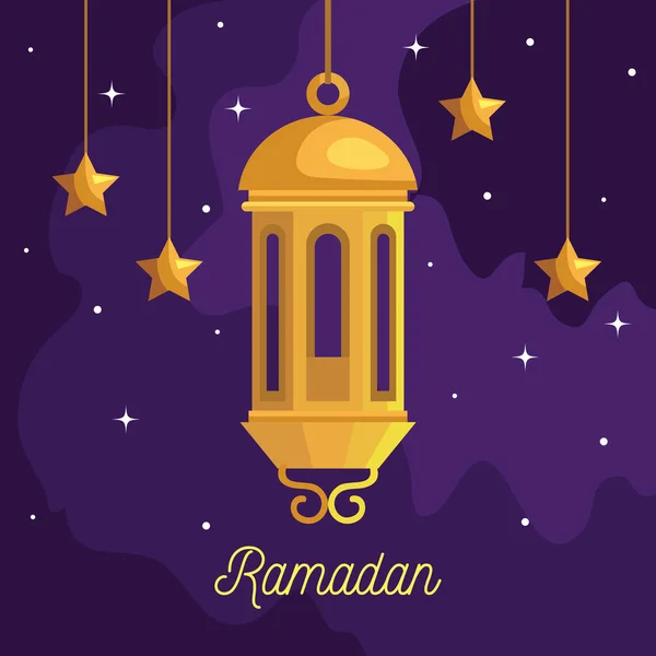 Ramazan Kareem posteri. Üzerinde fener ve yıldızlar asılı. — Stok Vektör