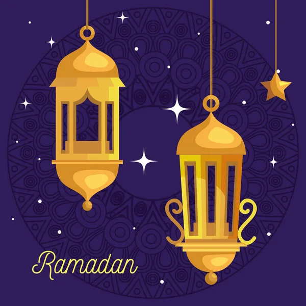 Poster ramadan kareem com lanterna e estrela pendurada — Vetor de Stock