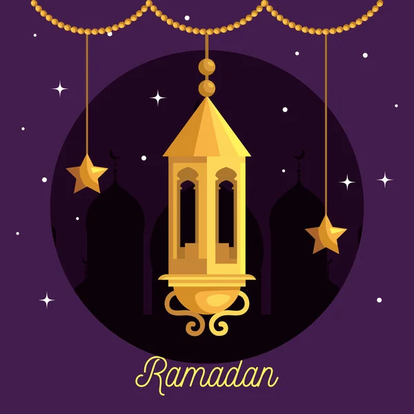 Ramazan Kareem posteri. Üzerinde fener ve yıldızlar asılı. — Stok Vektör