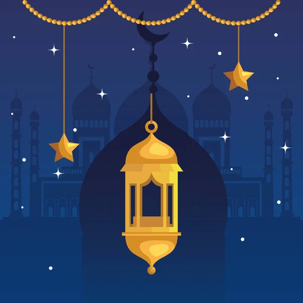 Affiche ramadan kareem avec lanterne et étoiles suspendues — Image vectorielle