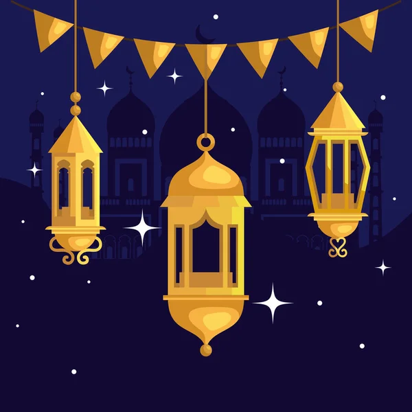Ramadan kareem poster met lantaarns en bloemenslingers opknoping — Stockvector