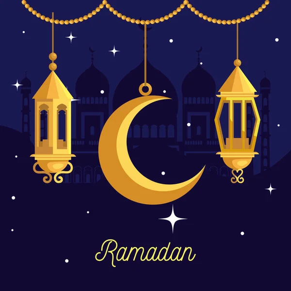 Affiche ramadan kareem avec lanternes et lune suspendue — Image vectorielle