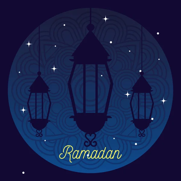 Плакат Рамадан Карим с силуэтом подвешенных фонарей — стоковый вектор