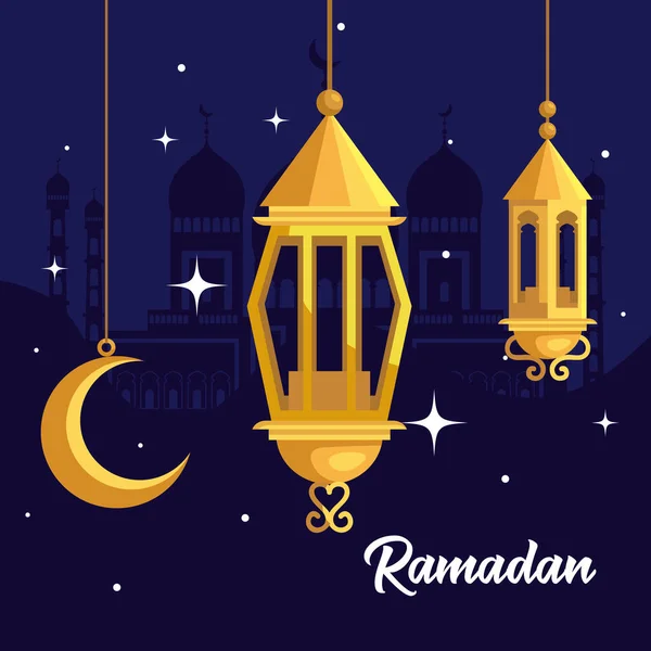 Affiche ramadan kareem avec lanternes et lune suspendue — Image vectorielle