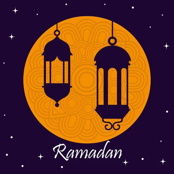 Ramadan kareem poster with silhouette of lanterns hanging — Stock Vector